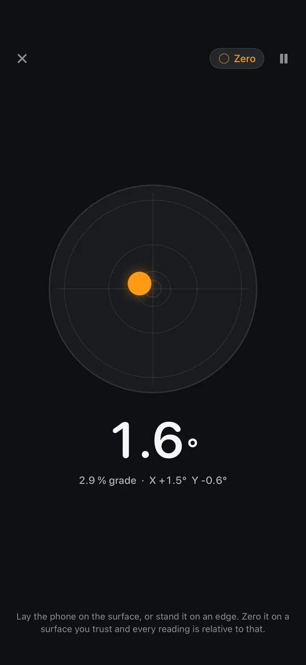 The spirit level showing a 1.6 degree tilt