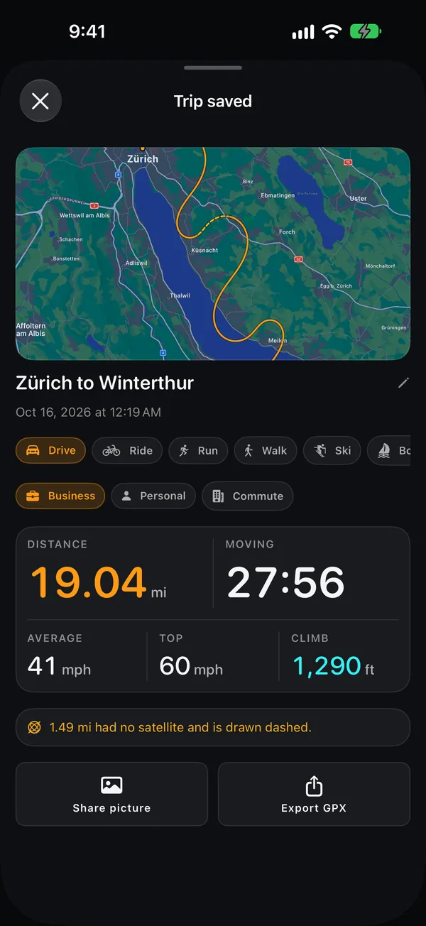 A saved trip with its map, distance, moving time and climb